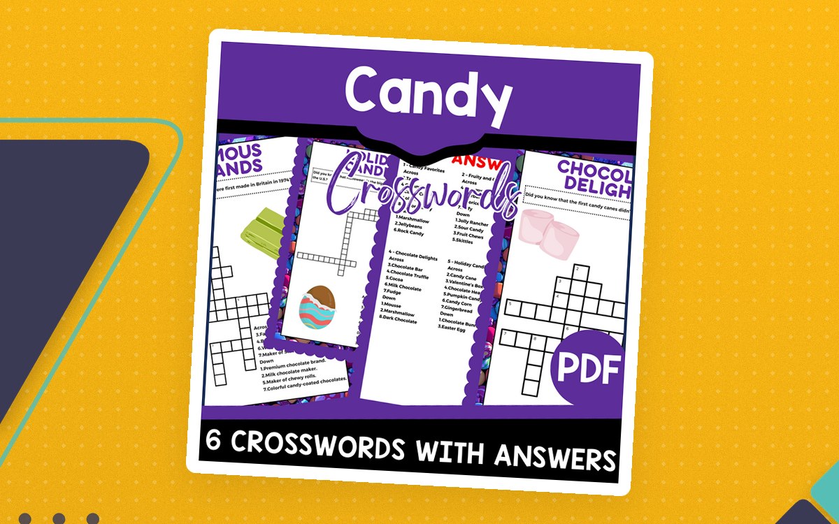 Candy Crosswords cover with six sweets-themed puzzle and answer-page previews.
