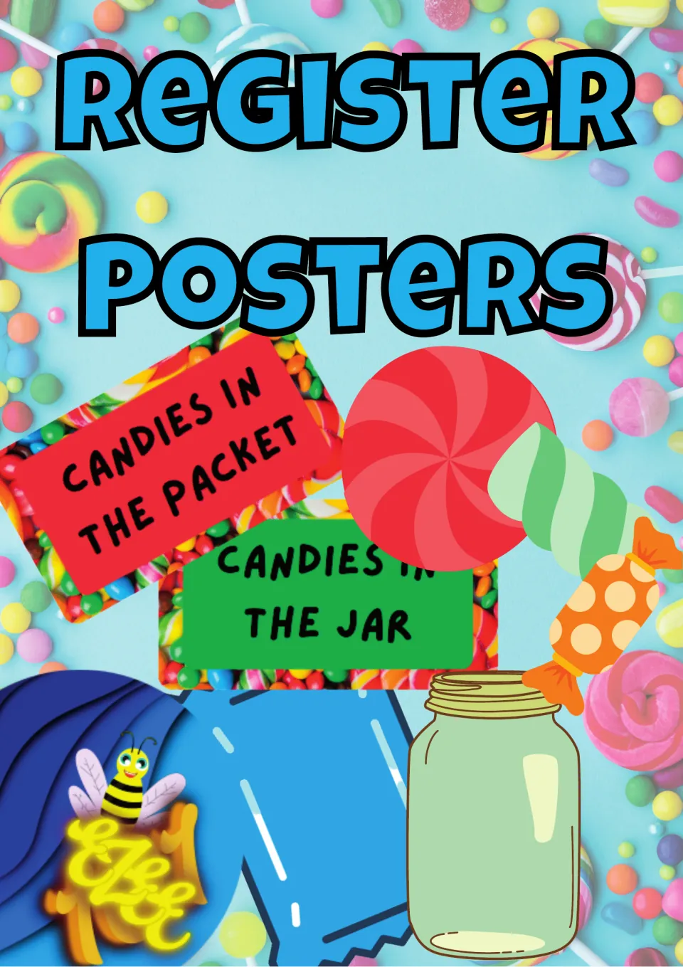 Attendance register cover titled 'Register Posters,' showing candy packet and jar display pieces