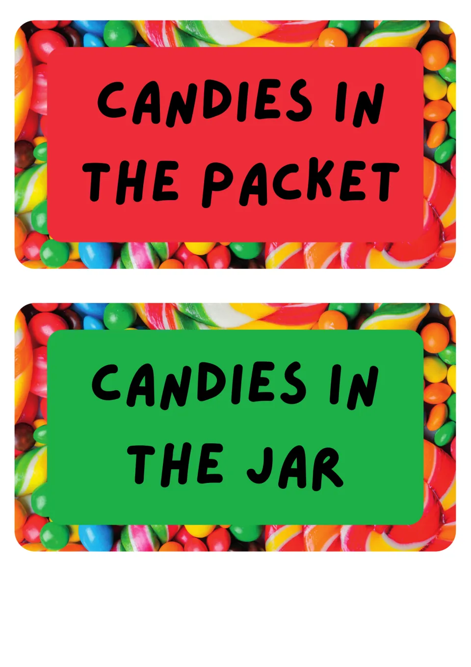 Attendance labels read 'Candies in the packet' in red and 'Candies in the jar' in green, two on this sheet