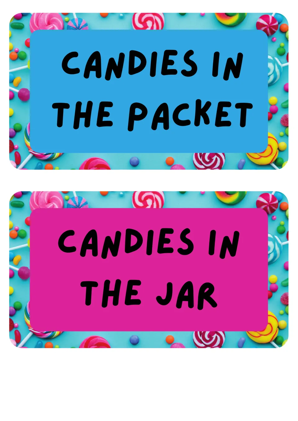 Attendance labels read 'Candies in the packet' in blue and 'Candies in the jar' in pink, two on this sheet