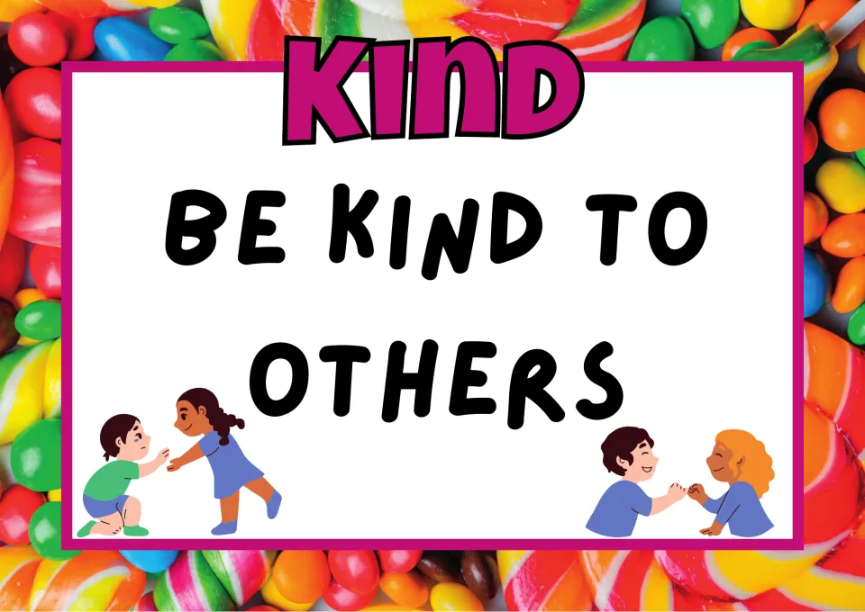 Kind rule poster: Be kind to others, illustrated with children helping a crying friend up and sharing a pinky promise