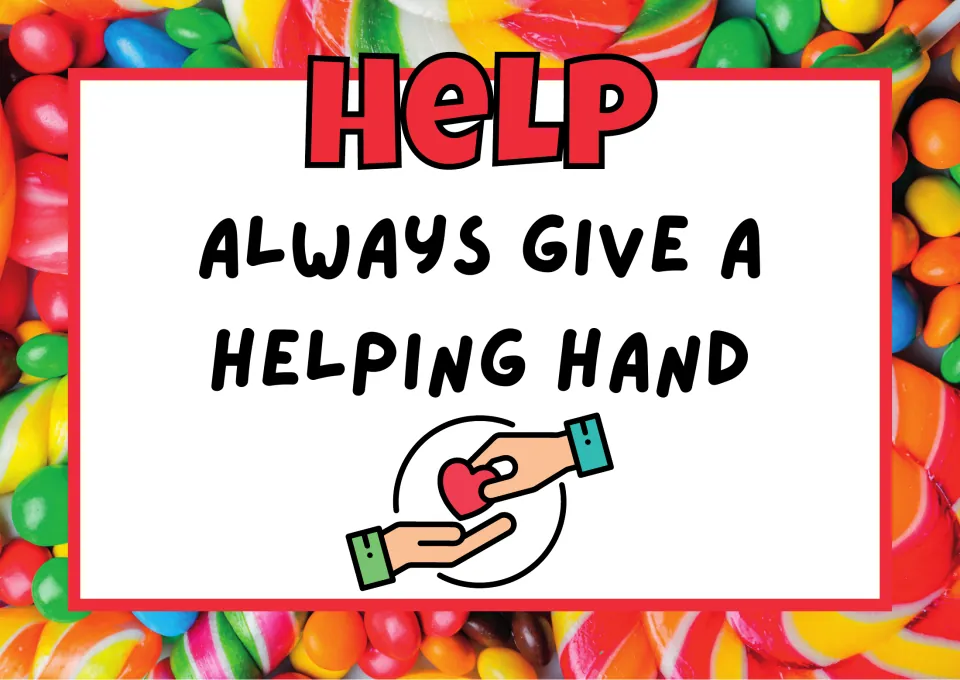 Help rule poster: Always give a helping hand, pictured with one hand passing a red heart to another open hand