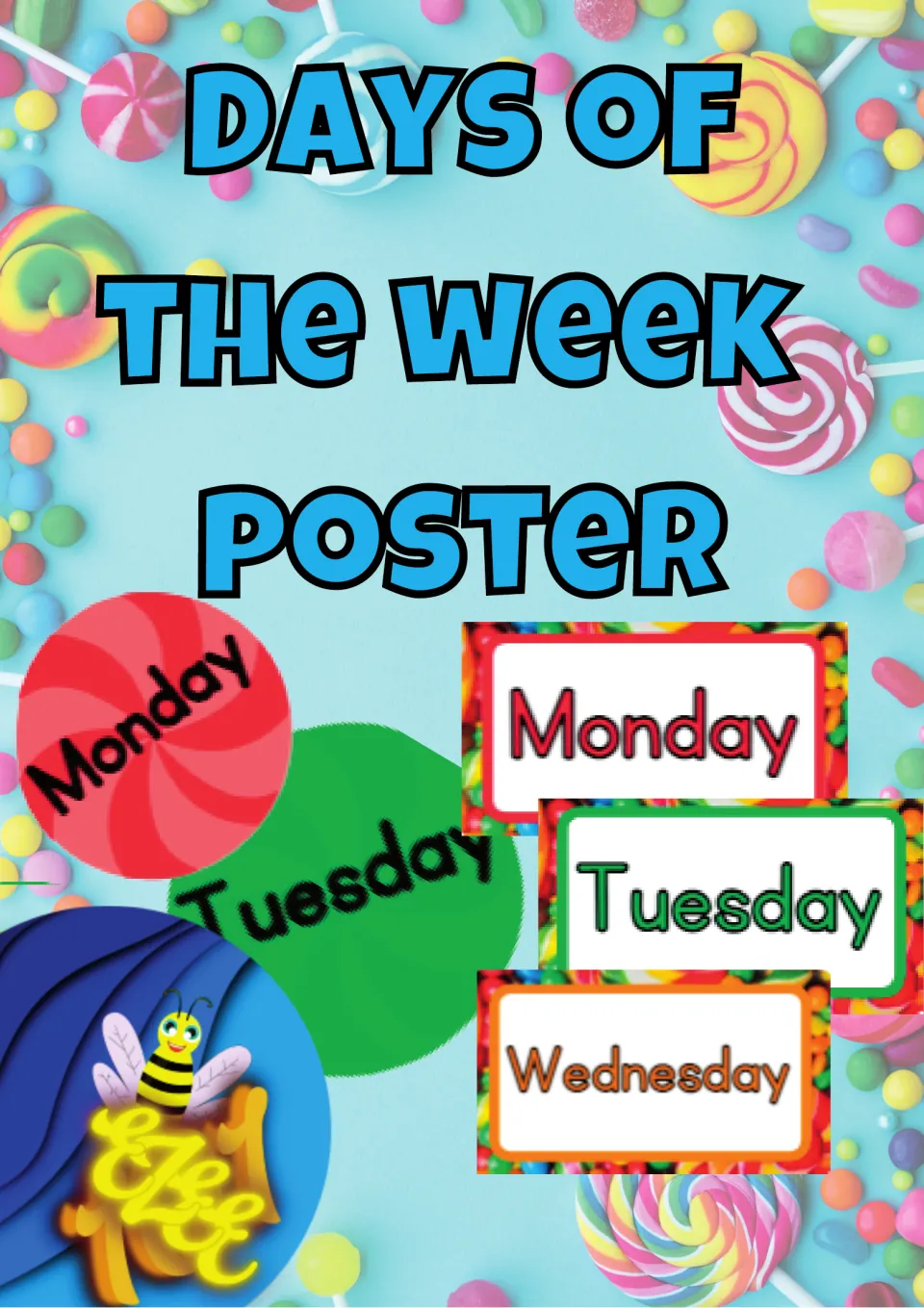 Cover of the days-of-the-week poster resource, showing sample Monday, Tuesday, and Wednesday designs