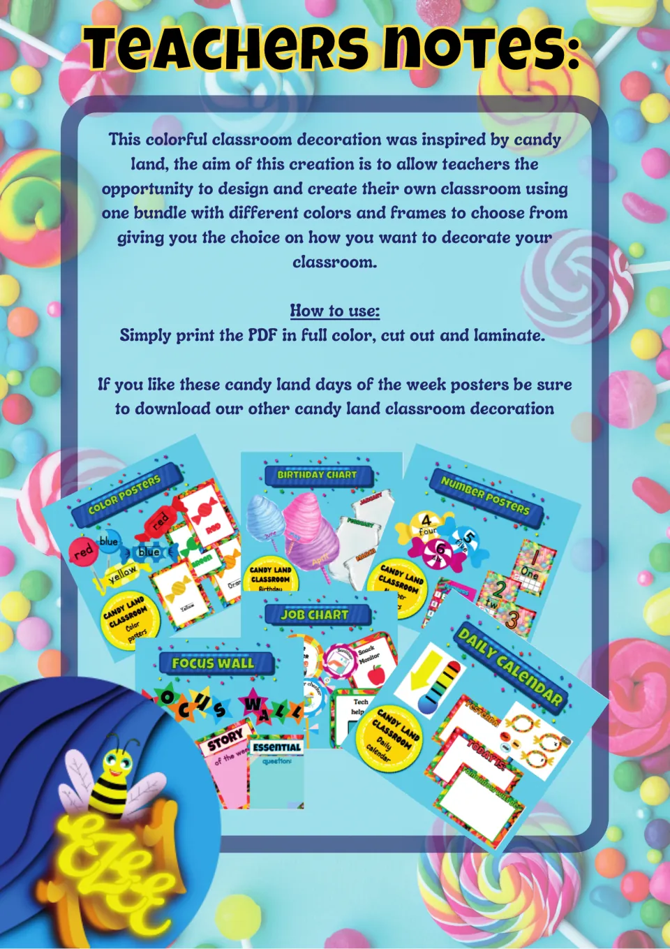 Teacher notes for the classroom decor set explain the candy theme and direct users to print, cut, and laminate