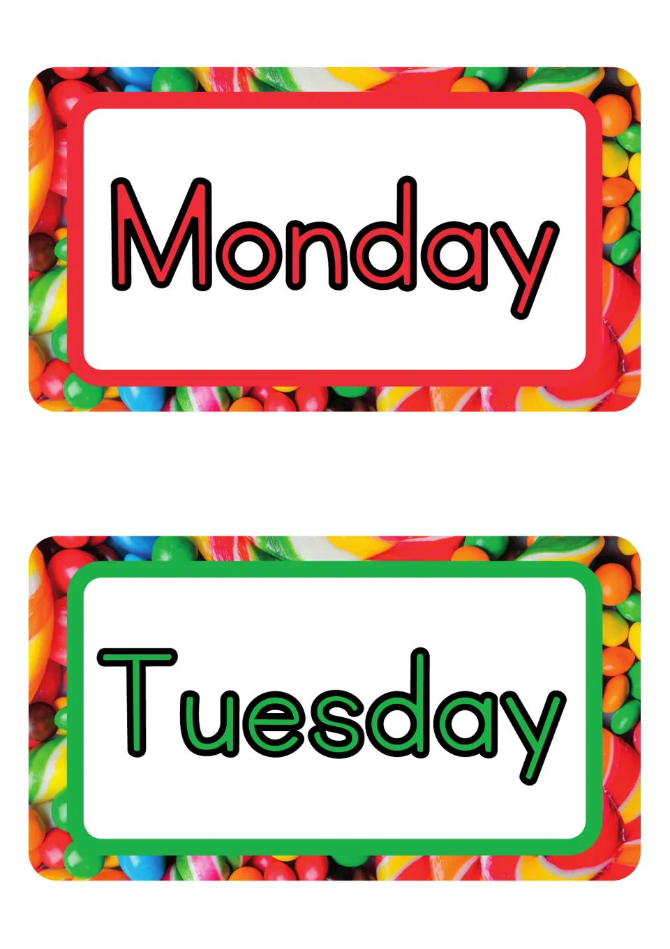 Monday and Tuesday day-name posters from the classroom decor set, using red and green outlined lettering