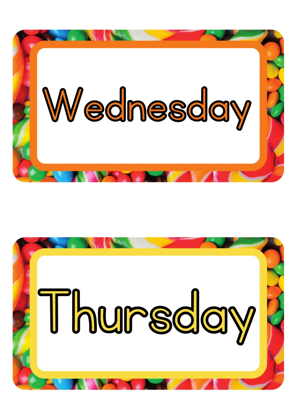 Wednesday and Thursday day-name posters from the classroom decor set, using orange and yellow lettering