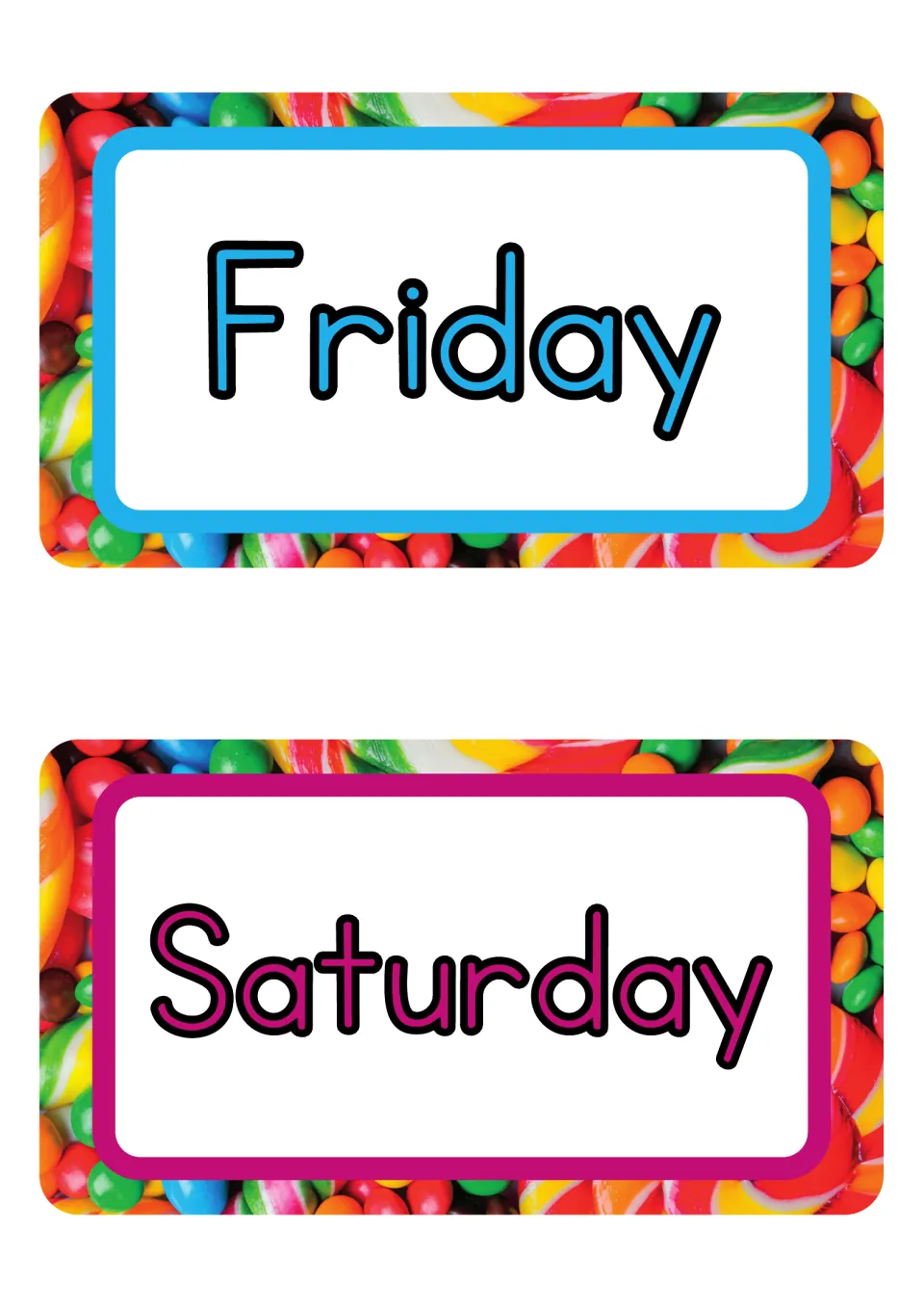 Friday and Saturday day-name posters from the classroom decor set, using blue and magenta outlined lettering