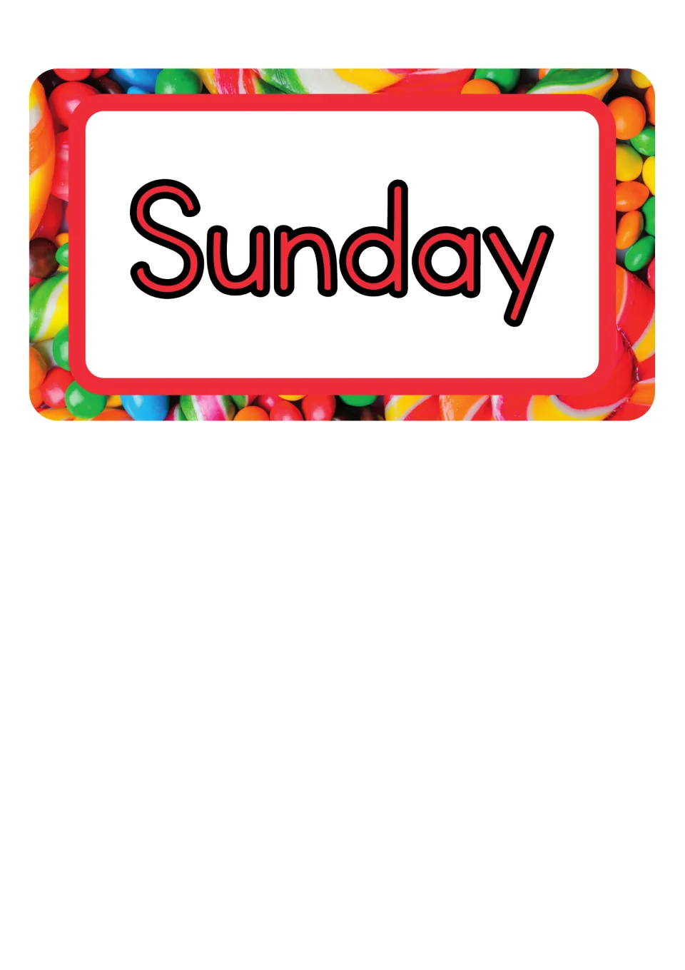 Sunday day-name poster from the classroom decor set, using red outlined lettering and printed alone