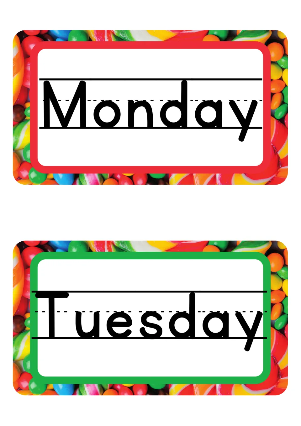 Monday and Tuesday day-name posters in an alternate black typeface, two posters from the classroom decor set