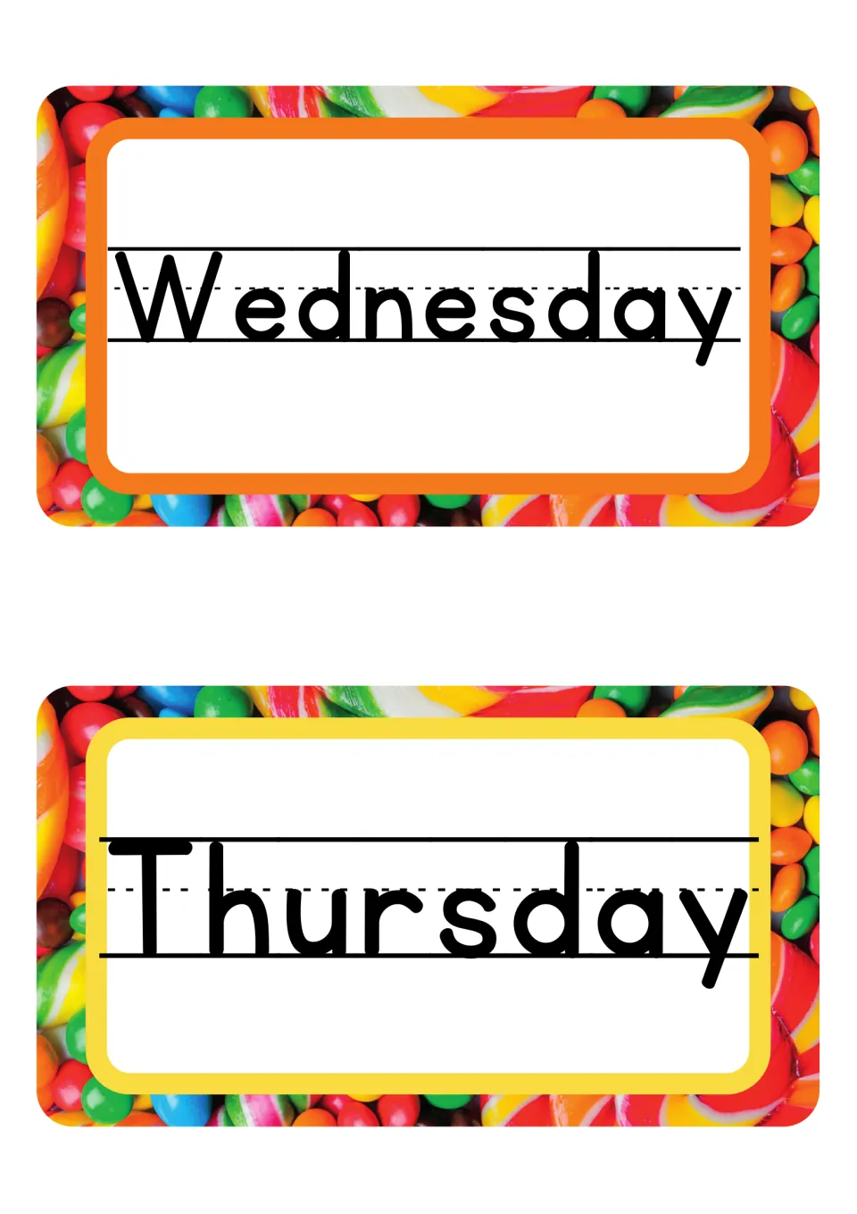 Wednesday and Thursday day-name posters in an alternate black typeface, part of the classroom decor set