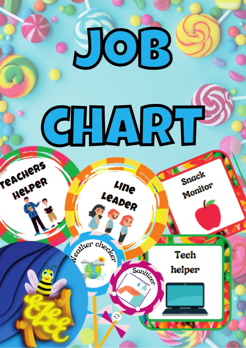 Candy-themed Job Chart cover showing sample job cards: teachers helper, line leader, snack monitor, tech helper