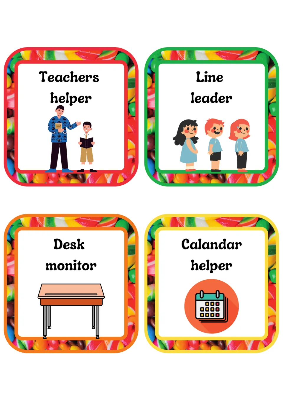 Classroom job cards for teachers helper, line leader, desk monitor and calendar helper, each with a matching picture