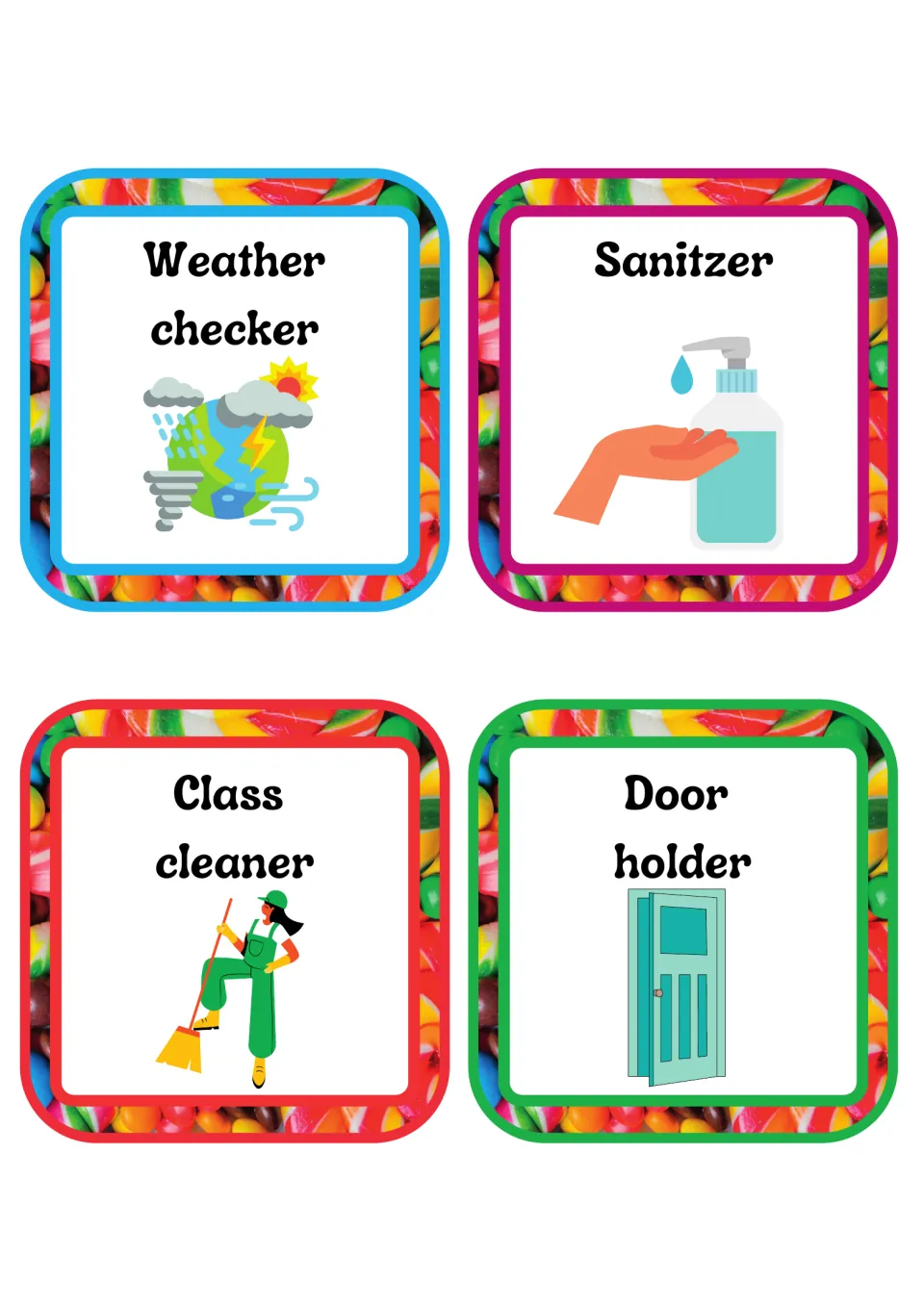 Job cards for weather checker, sanitizer, class cleaner and door holder, with weather, soap pump, broom and door art