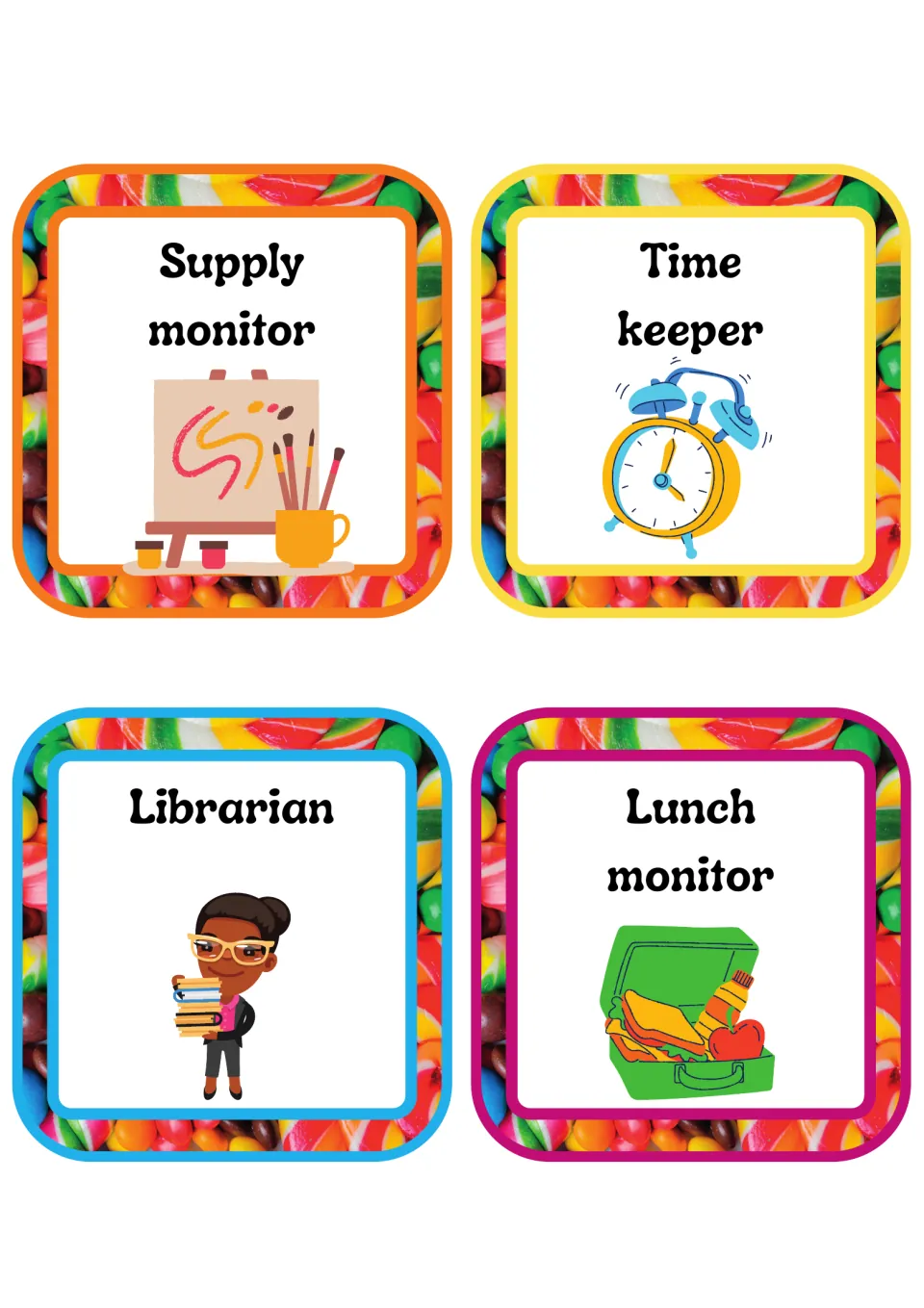 Job cards for supply monitor, time keeper, librarian and lunch monitor with an easel, alarm clock, book stack and lunchbox