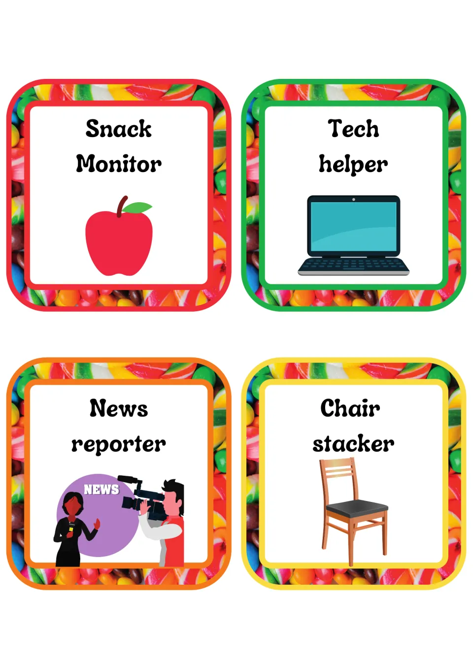 Job cards for snack monitor, tech helper, news reporter and chair stacker, with apple, laptop, camera crew and chair art