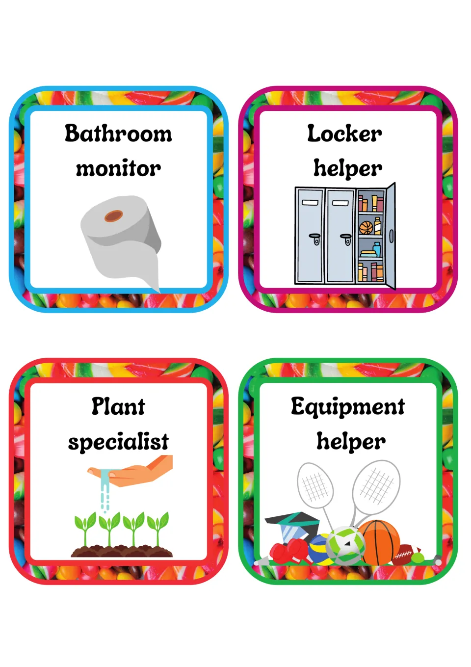 Job cards for bathroom monitor, locker helper, plant specialist and equipment helper, each with a fitting icon