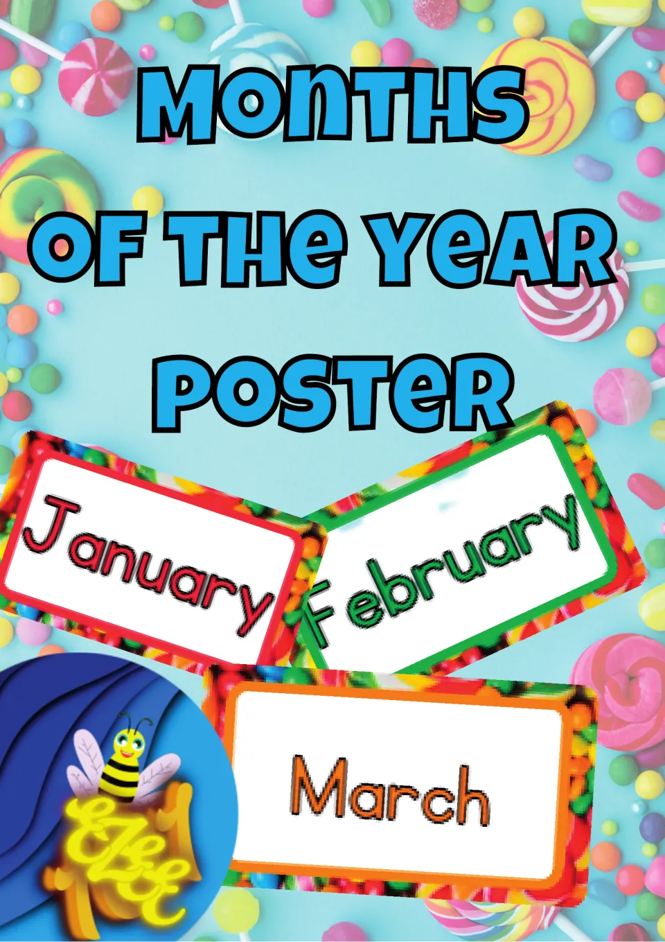 Cover of the months of the year poster set, showing sample posters for January, February, and March