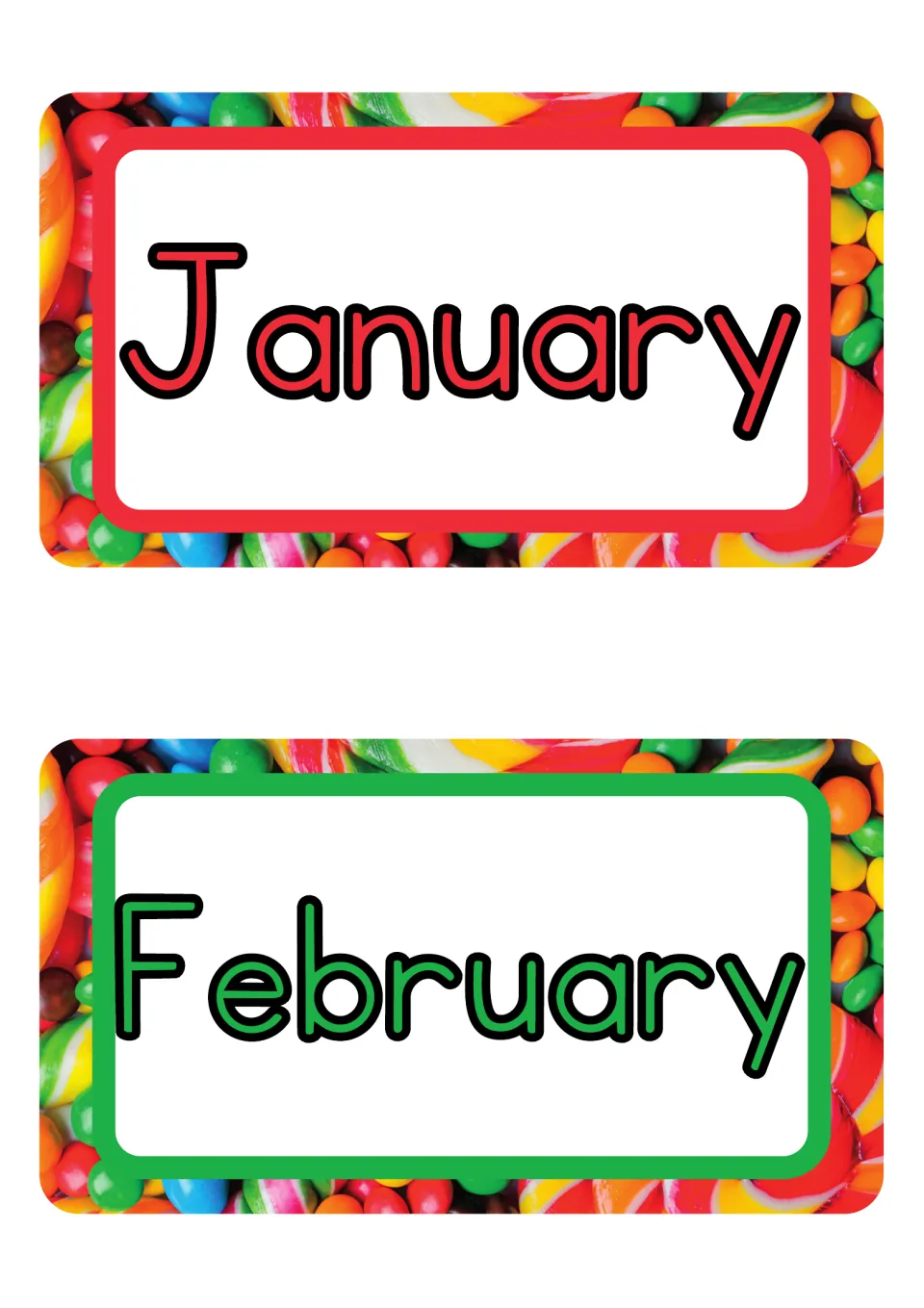January and February month posters, the first two of 12 printable labels for the classroom month display