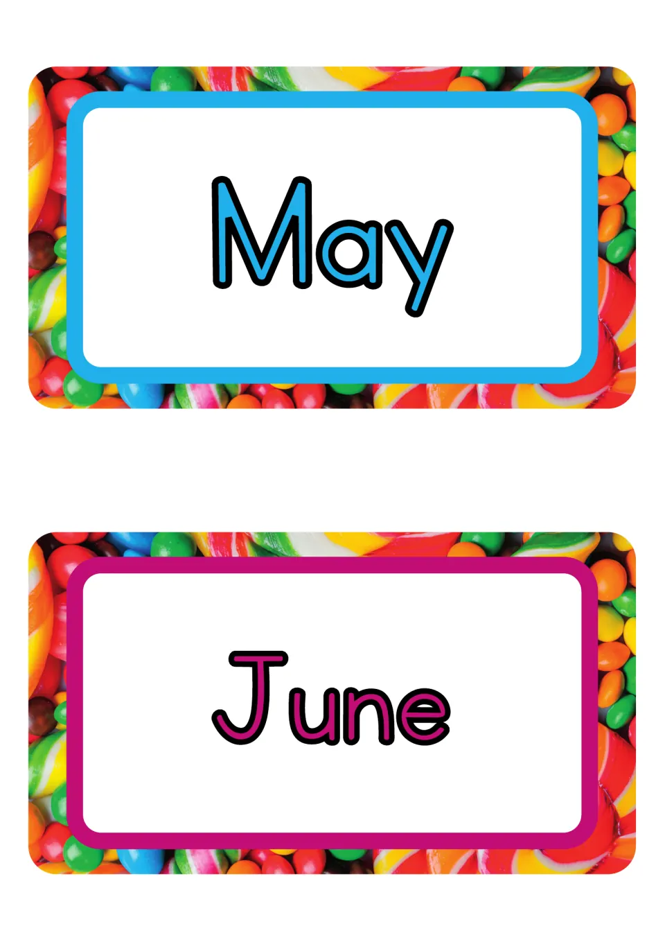May and June month posters, the fifth and sixth of 12 printable labels for the classroom month display