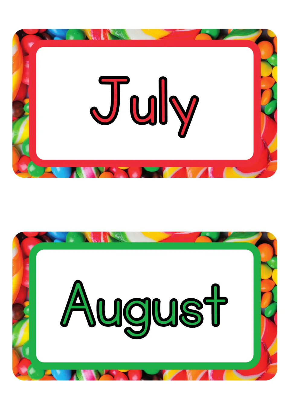 July and August month posters, the seventh and eighth of 12 printable labels for the classroom month display