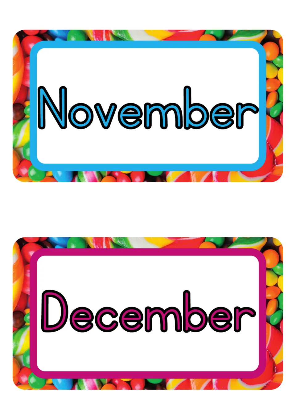 November and December month posters, the final two of 12 printable labels for the classroom month display