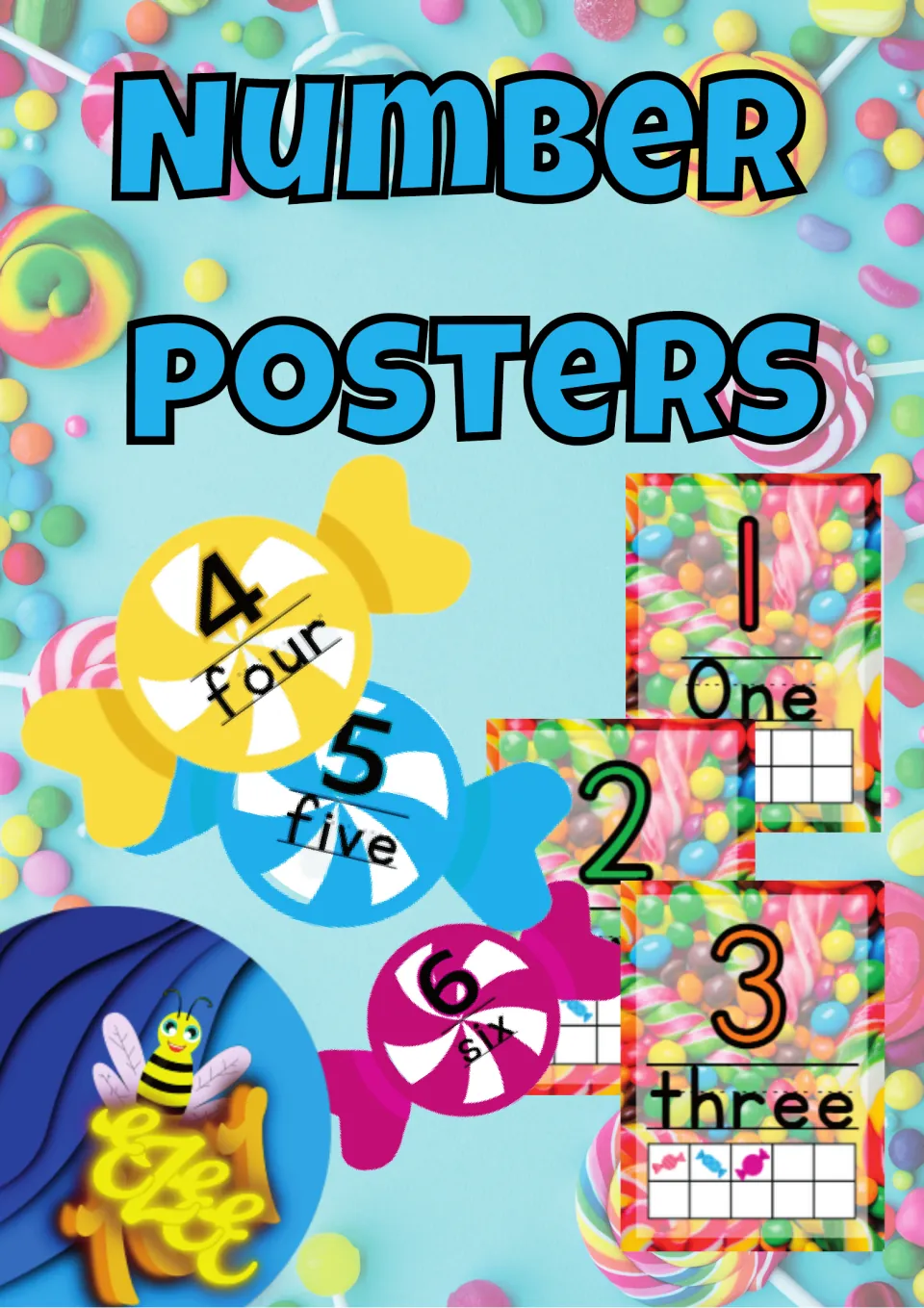 Cover of Number Posters: candy-themed number cards showing numerals 1 to 6 with number words and ten frames