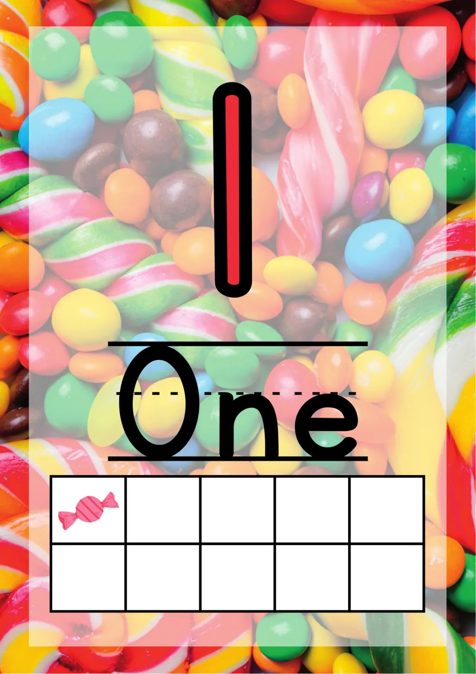 Number 1 poster: red numeral 1 above the word One on handwriting lines, with one candy in a ten frame for counting