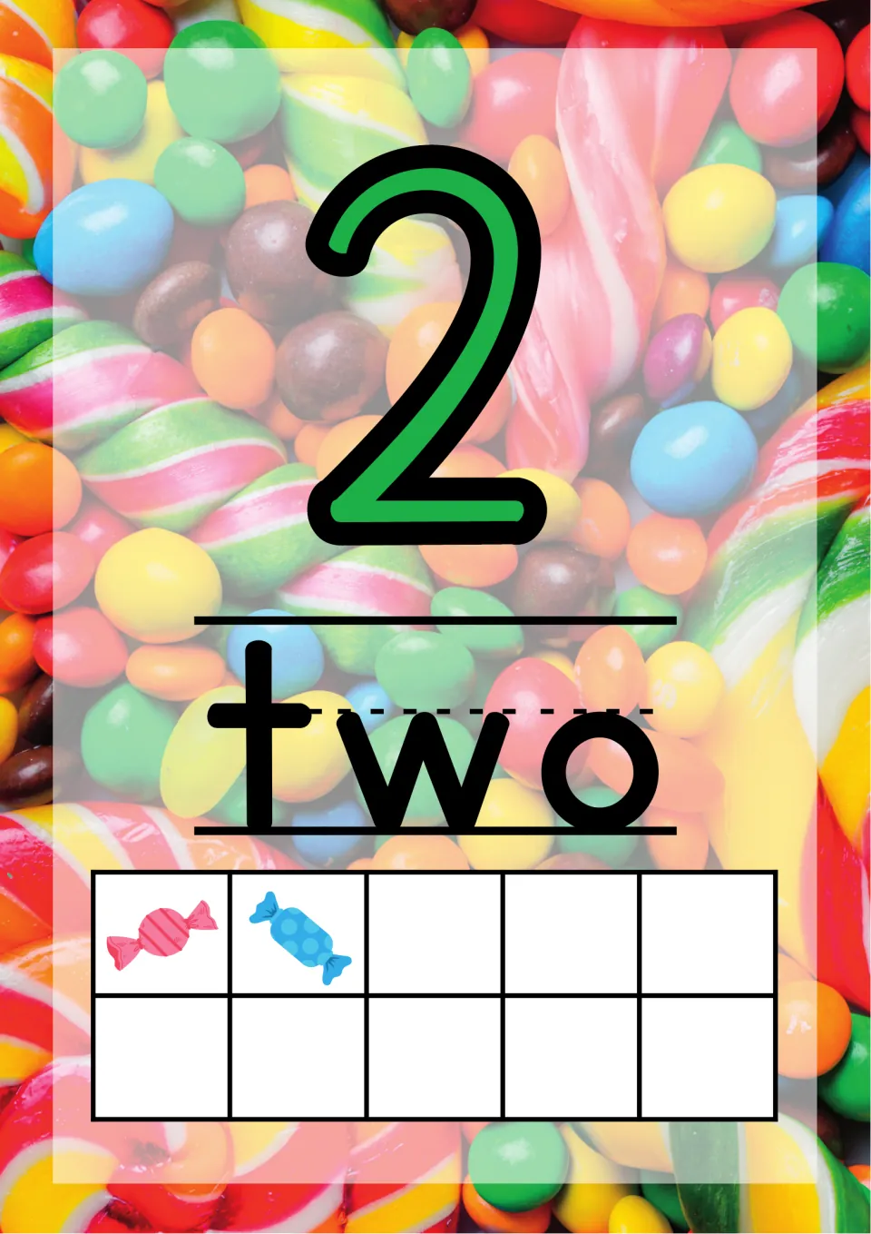 Number 2 poster: green numeral 2 above the word two, with two candies in a ten frame to show the quantity