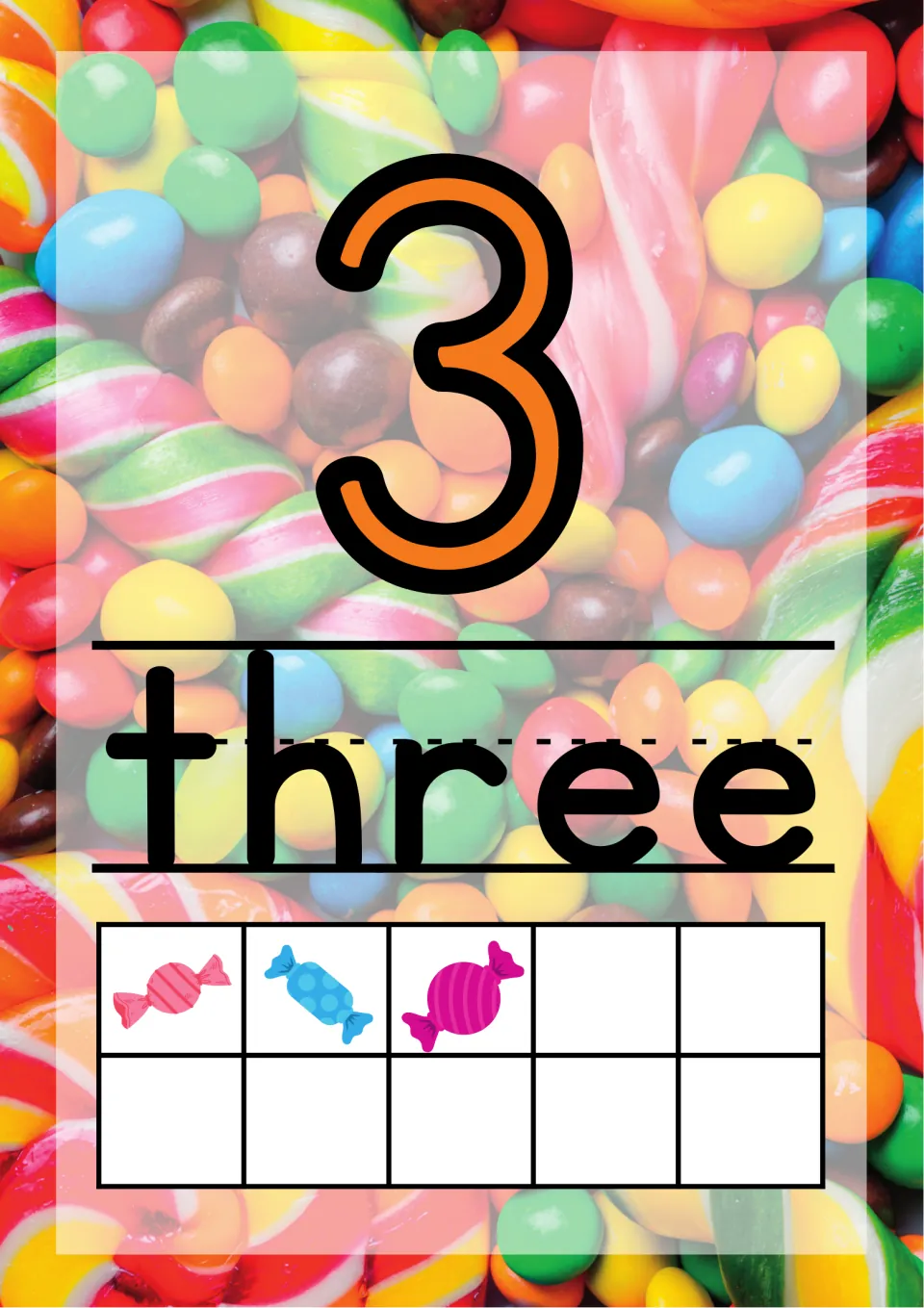 Number 3 poster: orange numeral 3 above the word three, with three candies filling part of a ten frame
