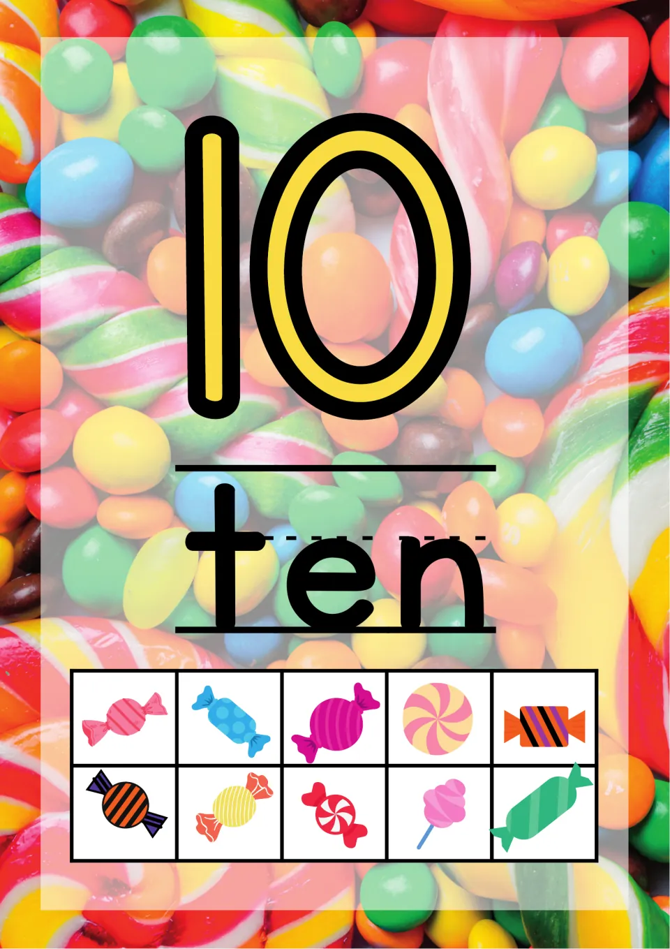 Number 10 poster: yellow numeral 10 above the word ten, with a ten frame completely filled by ten different candies