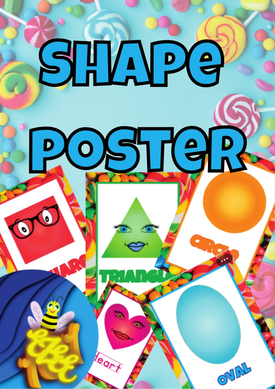 Shape Poster cover: candy-themed set of cartoon-face shape cards for square, triangle, circle, heart and oval