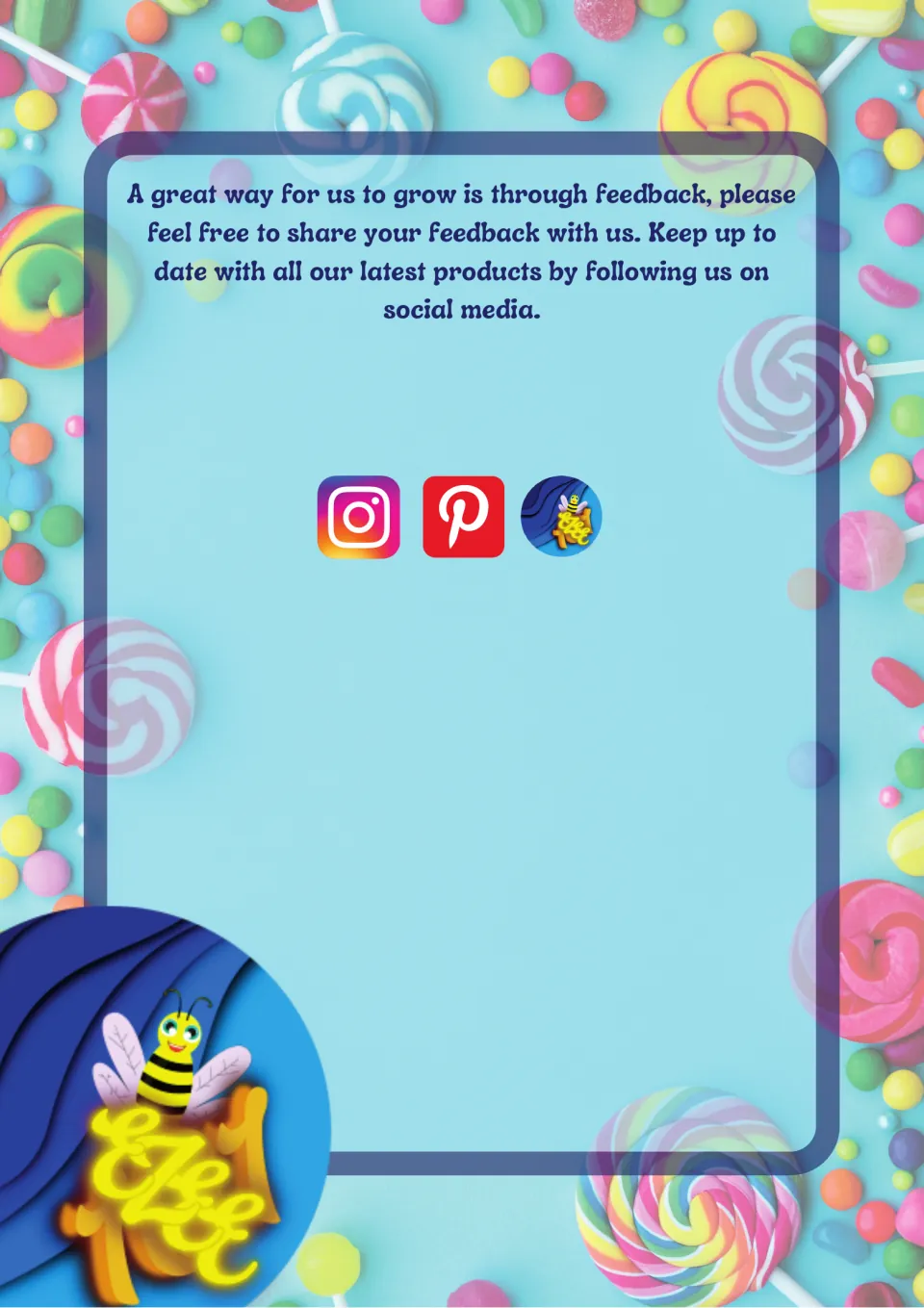 Publisher note inviting feedback and asking readers to follow on social media, with Instagram and Pinterest icons