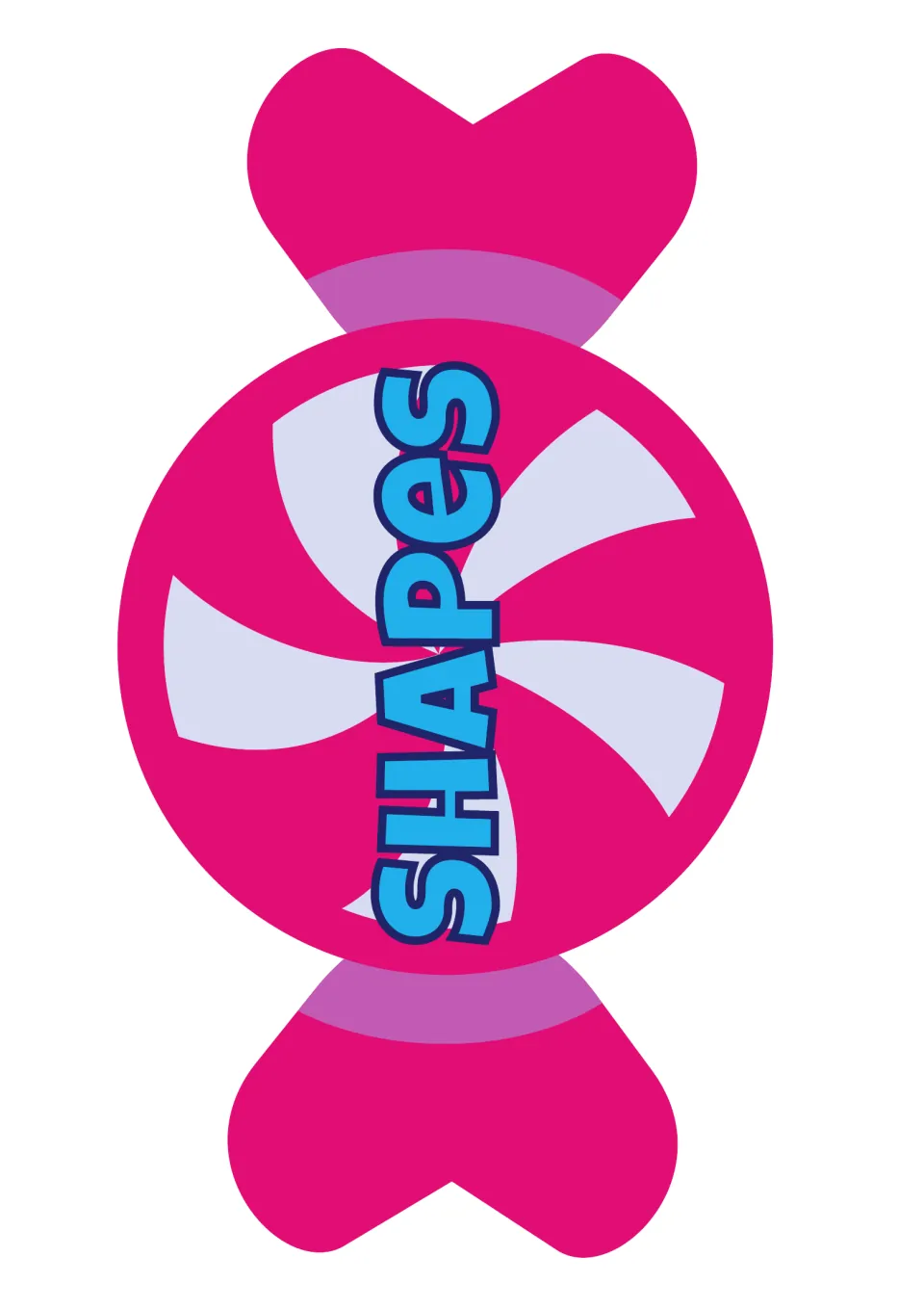 Shapes title sign: a pink swirled wrapped candy with the word SHAPES printed vertically across its center