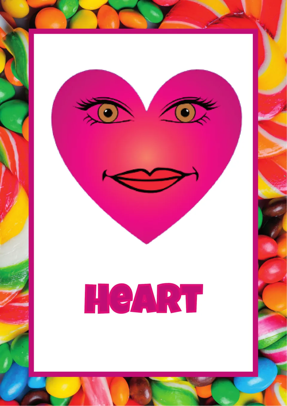 Heart poster: a pink heart with brown eyes and red smiling lips above the word HEART, for naming 2D shapes