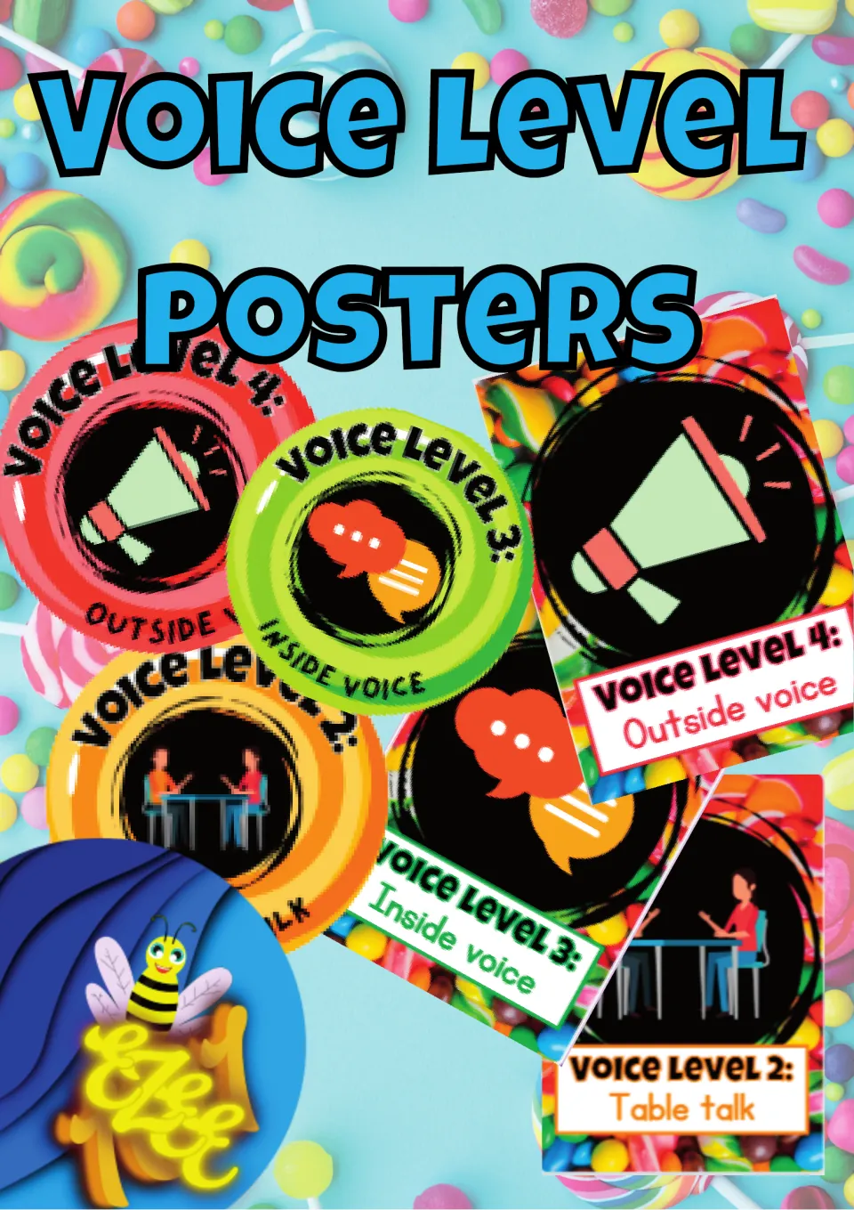 Voice Level Posters cover showing candy-themed badges and posters for outside voice, inside voice and table talk