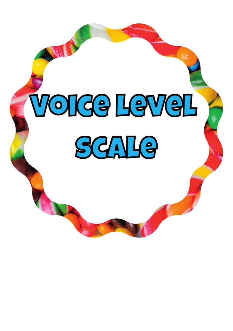 Voice Level Scale title sign: blue letters on a white center ringed by photographed candy, to head the display