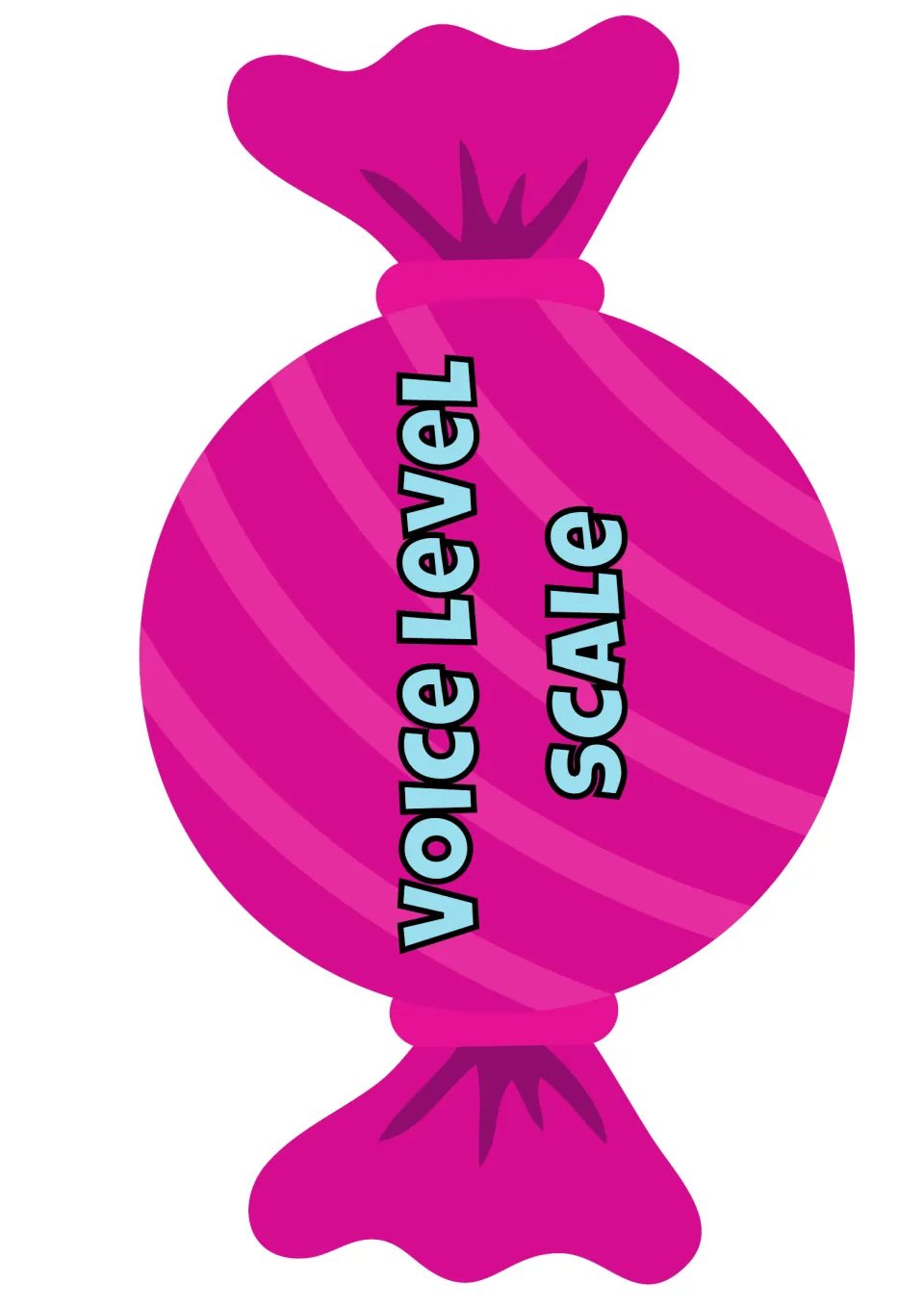 Voice Level Scale title printed sideways on a large pink striped wrapped-candy shape, an alternate header to cut out