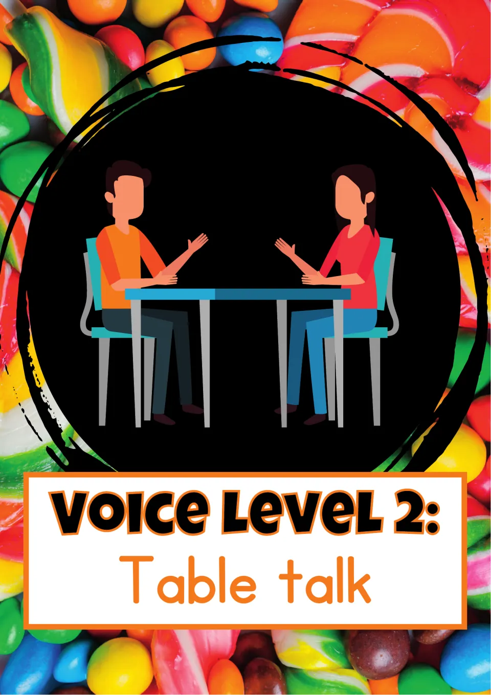 Voice level 2, Table talk: two people facing each other across a table, showing quiet talk with a partner or group