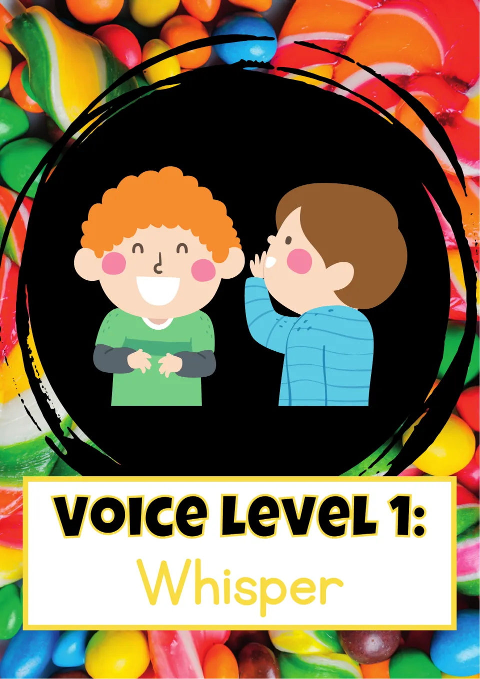 Voice level 1, Whisper: one child whispering into a smiling friend's ear, showing the quietest speaking voice