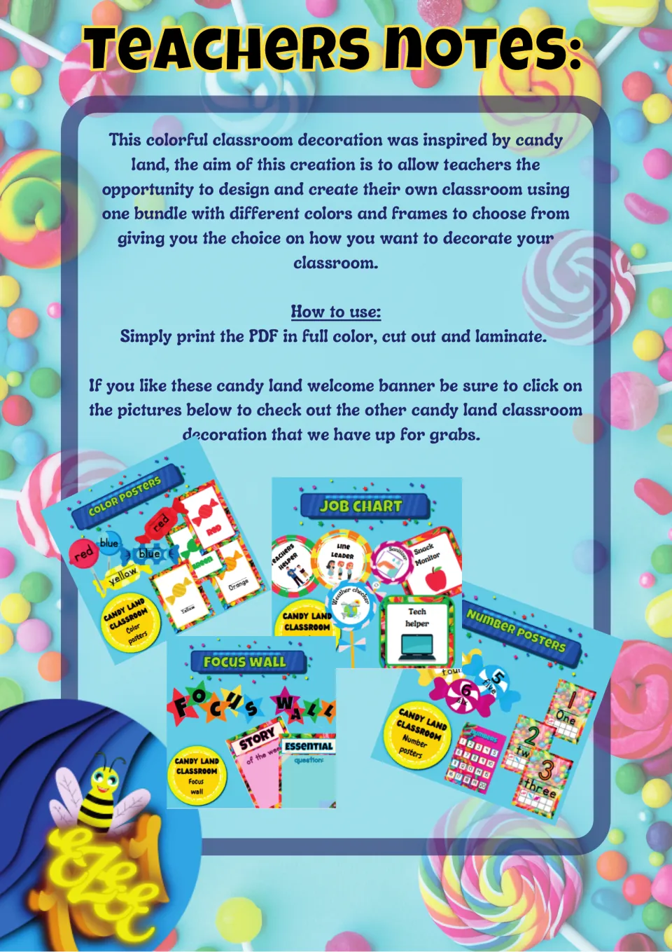 Teacher notes for the classroom welcome banners instruct teachers to print the PDF in color, cut out, and laminate