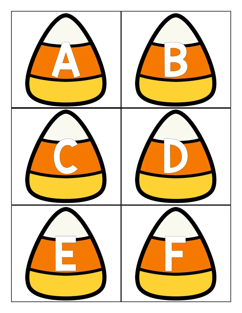 Uppercase letters A to F on six candy corn cards for letter recognition; students cut apart the cards to name each letter