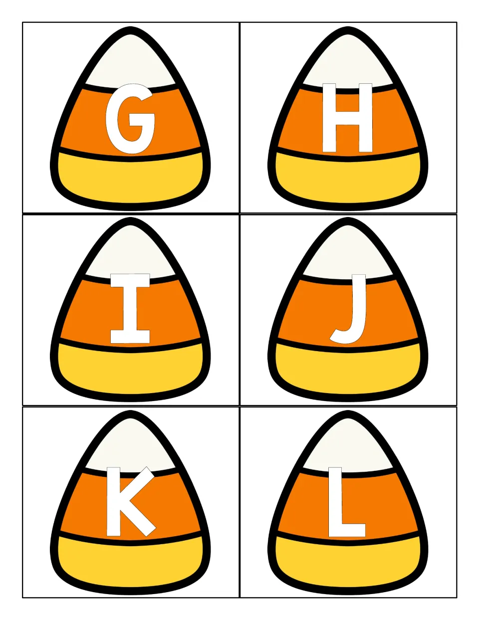 Capital letters G, H, I, J, K and L, each printed on an orange and yellow candy corn card to cut out and identify by name