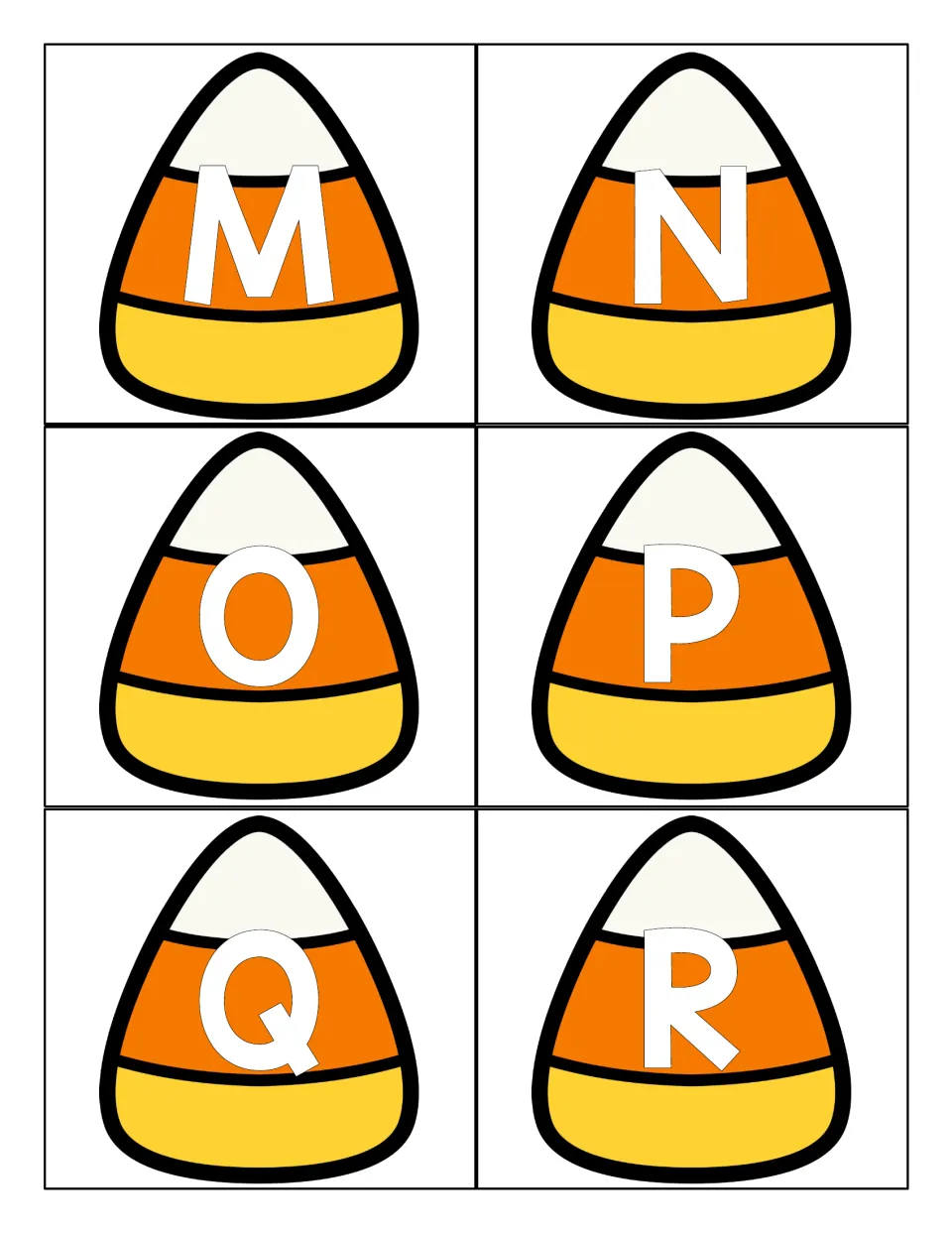 Uppercase M through R on six cut-apart candy corn cards; children practise recognizing and naming capital letters