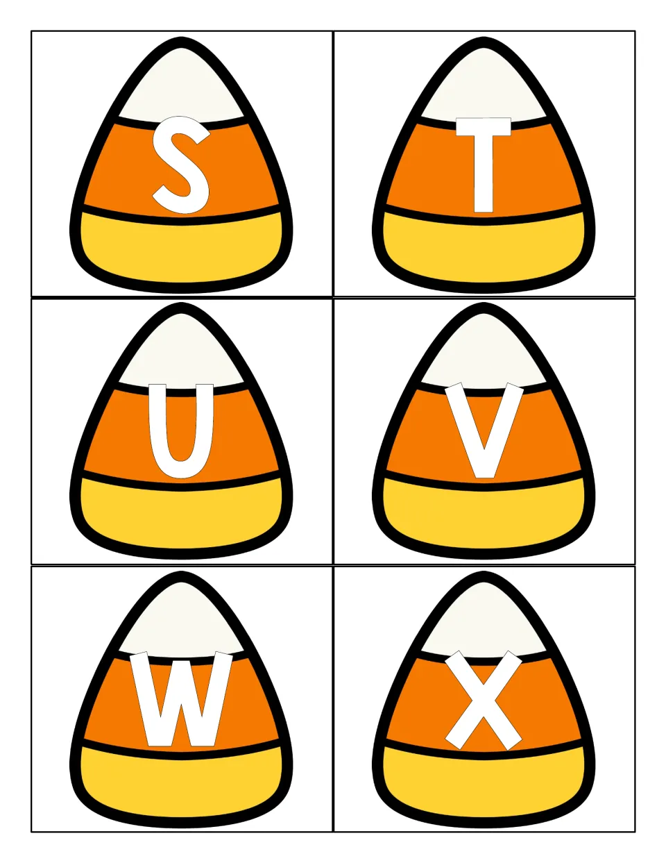 Candy corn cards for capital S, T, U, V, W and X; students cut them out and name each letter during letter recognition games