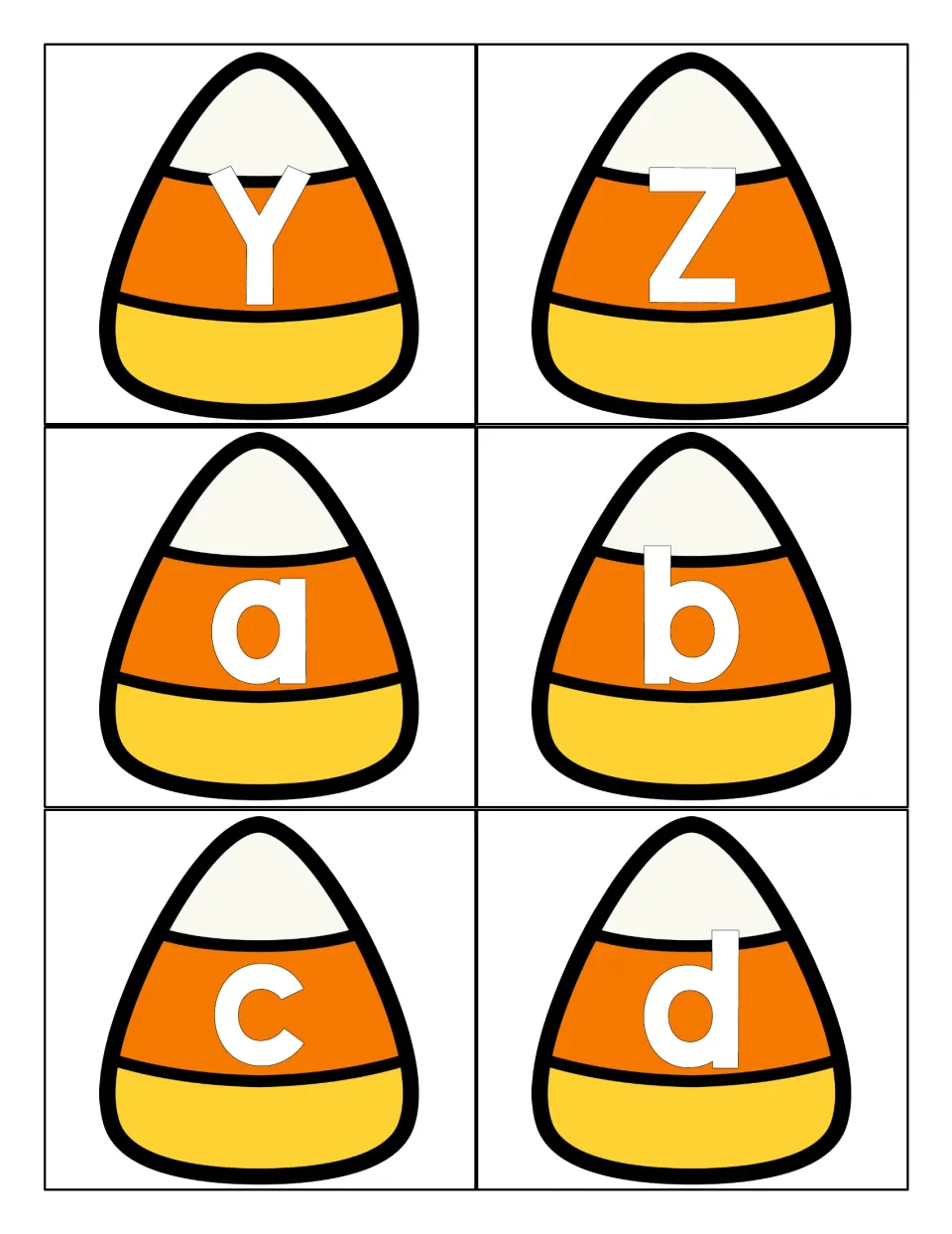 Capital Y and Z plus lowercase a, b, c and d on candy corn cards, starting the lowercase set for letter identification