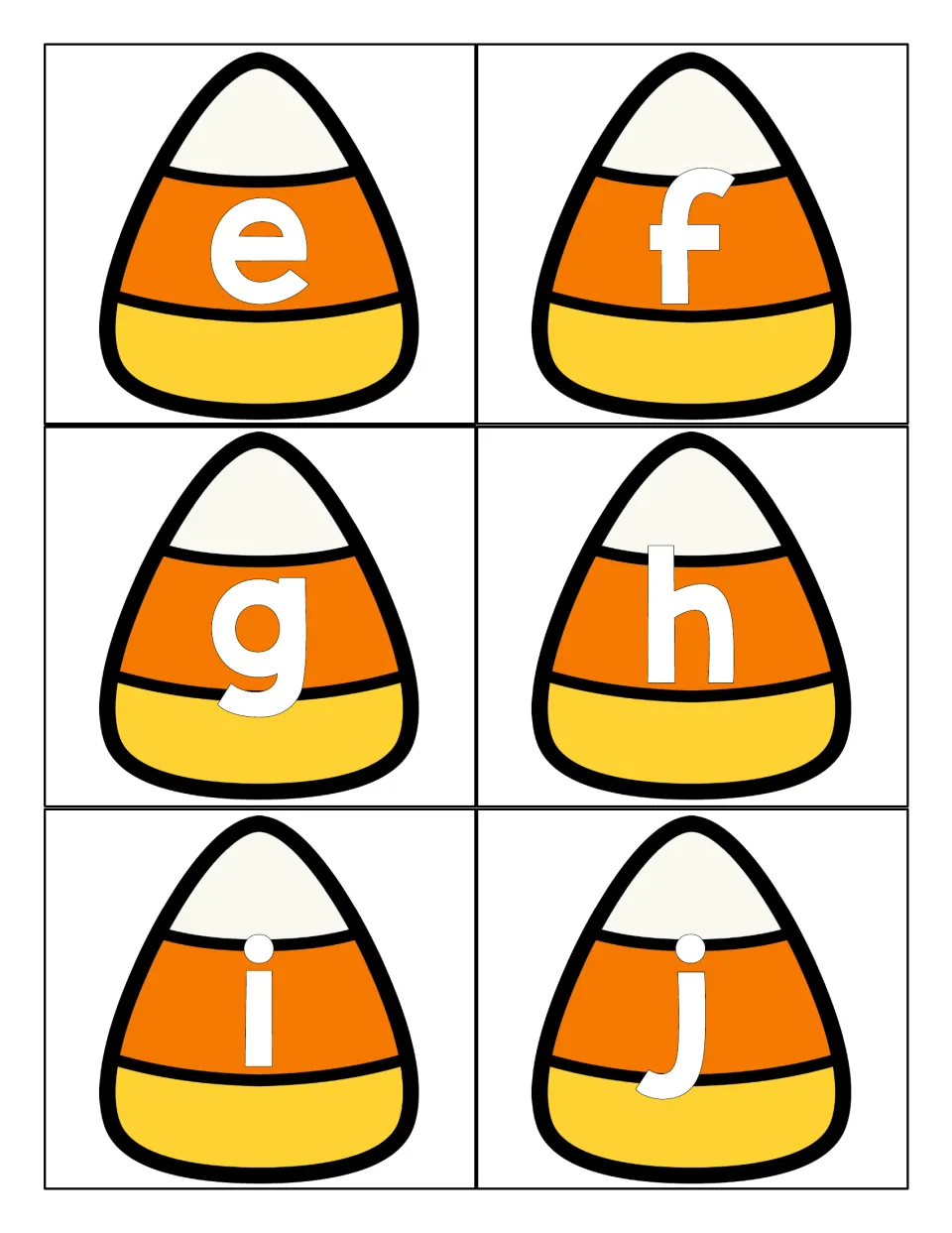 Lowercase e, f, g, h, i and j on six candy corn cards for students to cut out and use to name small letters