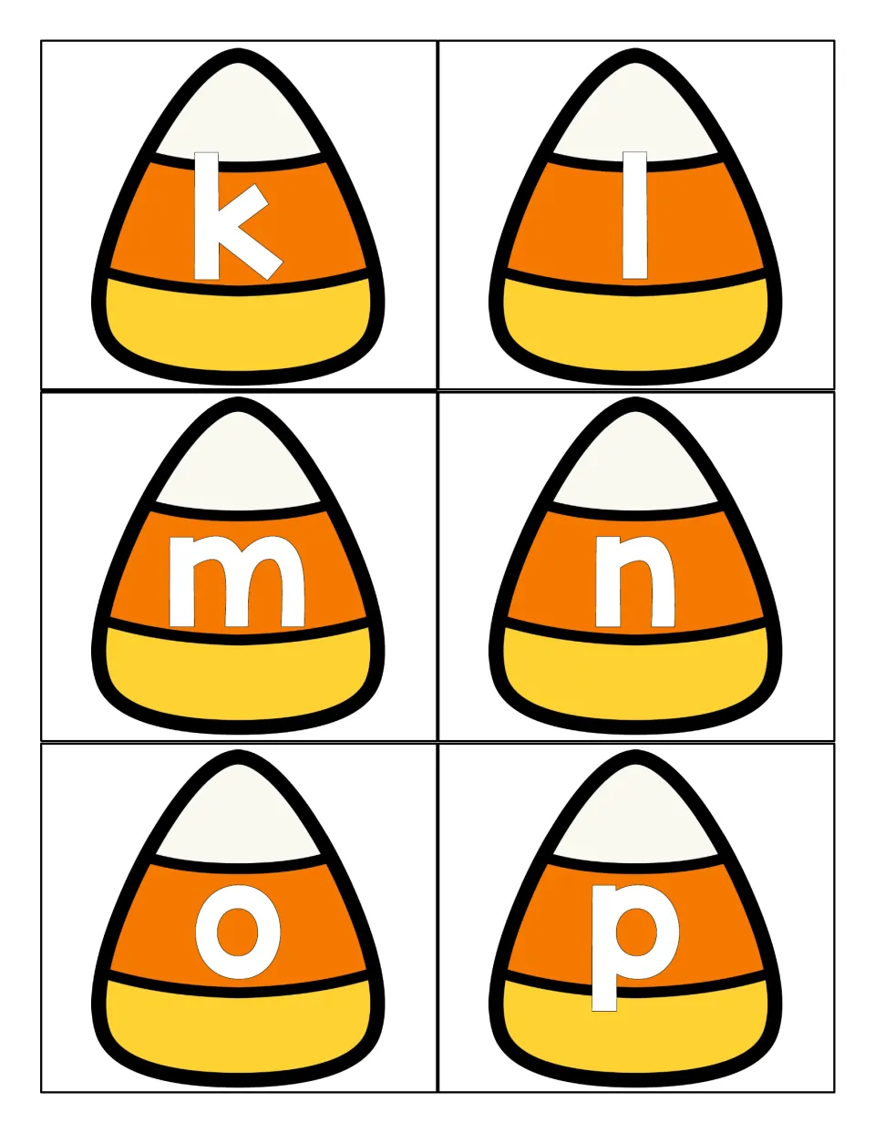 Small letters k, l, m, n, o and p printed in white on candy corn cards; children identify each lowercase letter by name