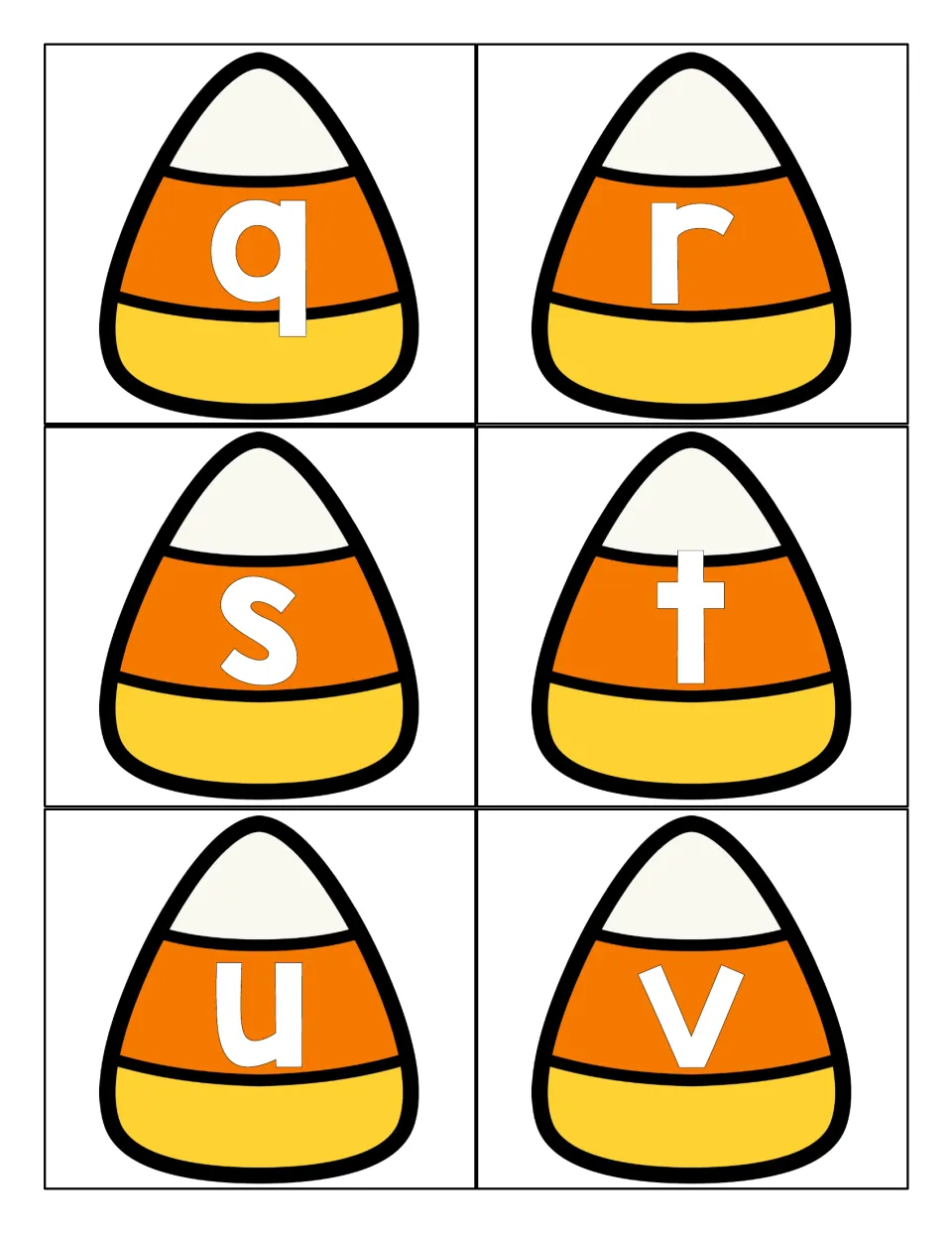 Lowercase q, r, s, t, u and v on candy corn cut-out cards, used to practise recognizing and naming lowercase letters