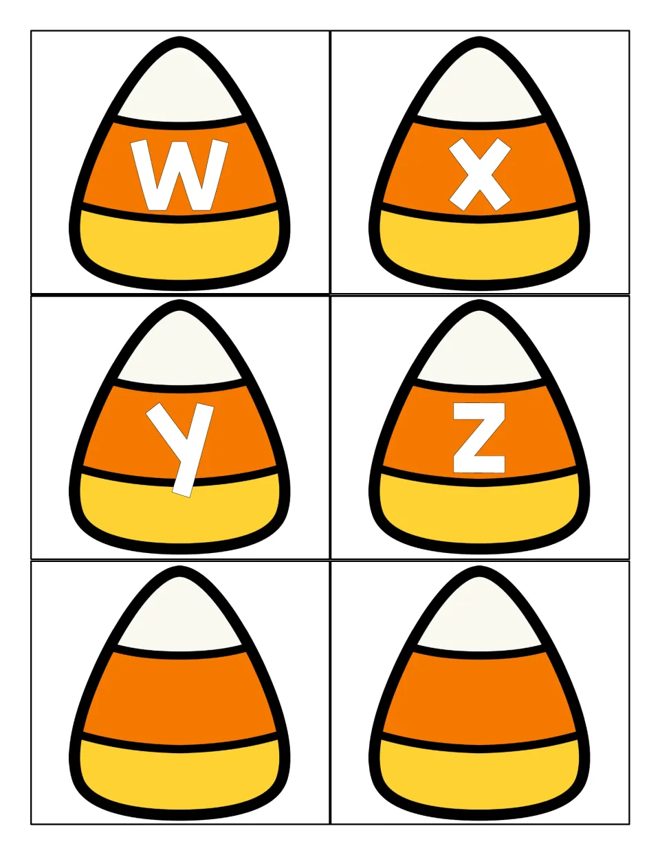 Lowercase w, x, y and z on candy corn cards, plus two blank candy corn cards, completing the alphabet for letter games
