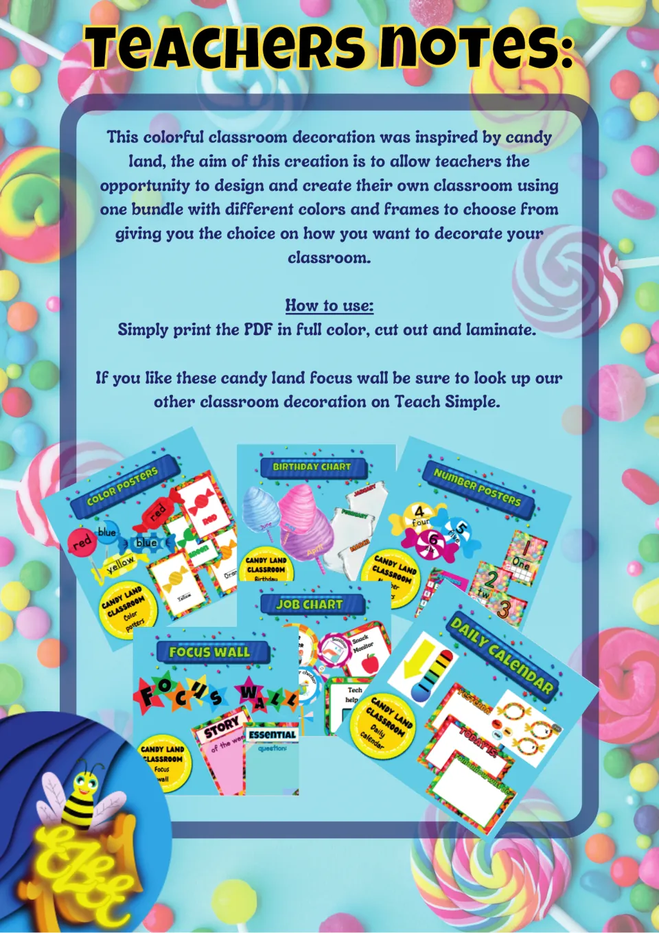 Teachers notes on the candy land decor: print in full color, cut out and laminate, with previews of the matching decor sets